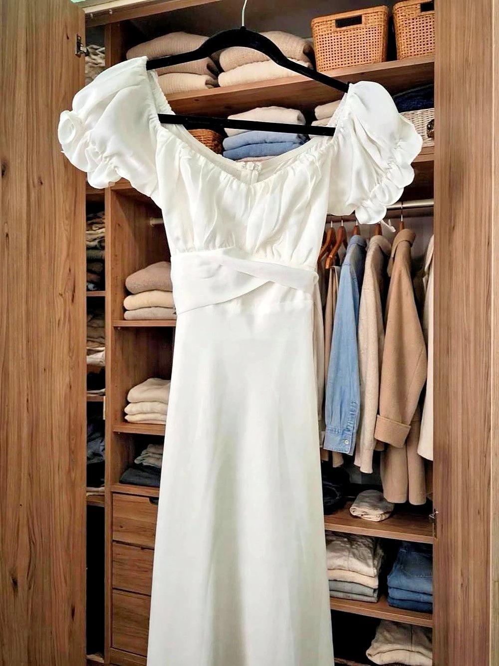 🤍 Hello Molly White Off-Shoulder Ruffle Puff Sleeve Tie-Back Midi Dress | XS / 0